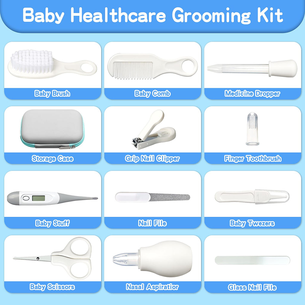 Baby Healthcare and Grooming Kit, Baby Safety Care Set, Baby Electric Nail Trimmer Set Newborn Nursery Health Care Set for Newborn Infant Toddlers Baby Boys Girls Kids (Grey White-18 Kits)