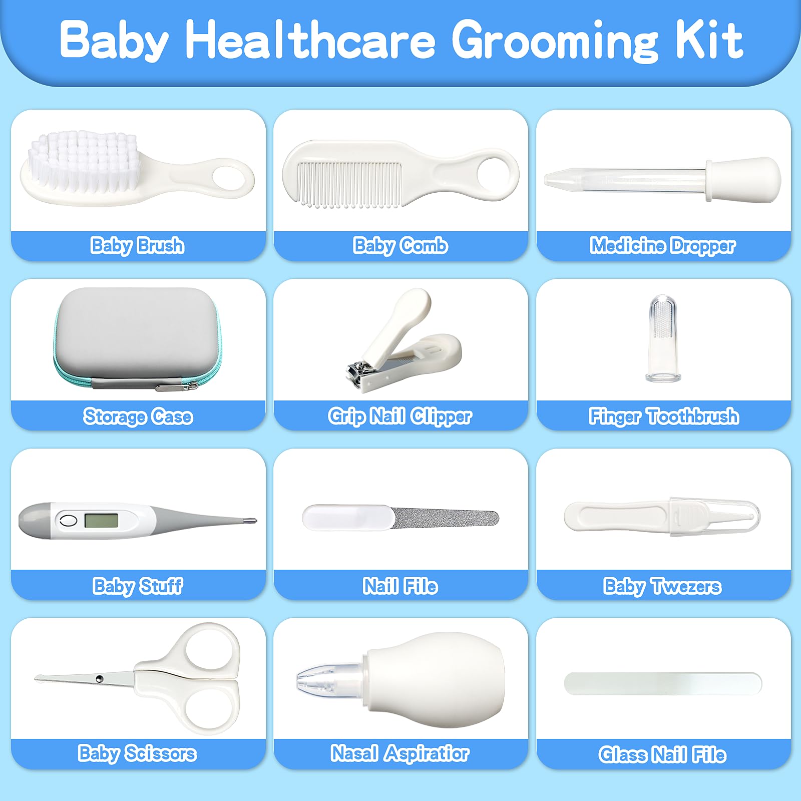 Baby Healthcare and Grooming Kit, Baby Safety Care Set, Baby Electric Nail Trimmer Set Newborn Nursery Health Care Set for Newborn Infant Toddlers Baby Boys Girls Kids (Grey White-18 Kits)
