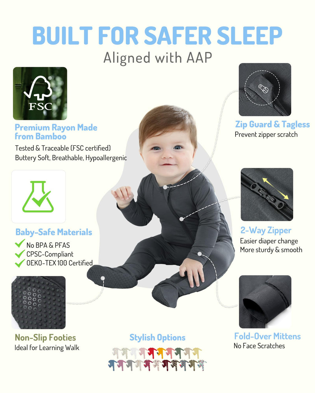 HAPIU Rayon from Bamboo Baby Footed Pajamas, 2 Way Premium Zipper, Footie for Baby Boy Girls, Newborn-24 Months, 3-Pack, Light Heather Grey&Dark Grey&Dark Forest Green,Newborn