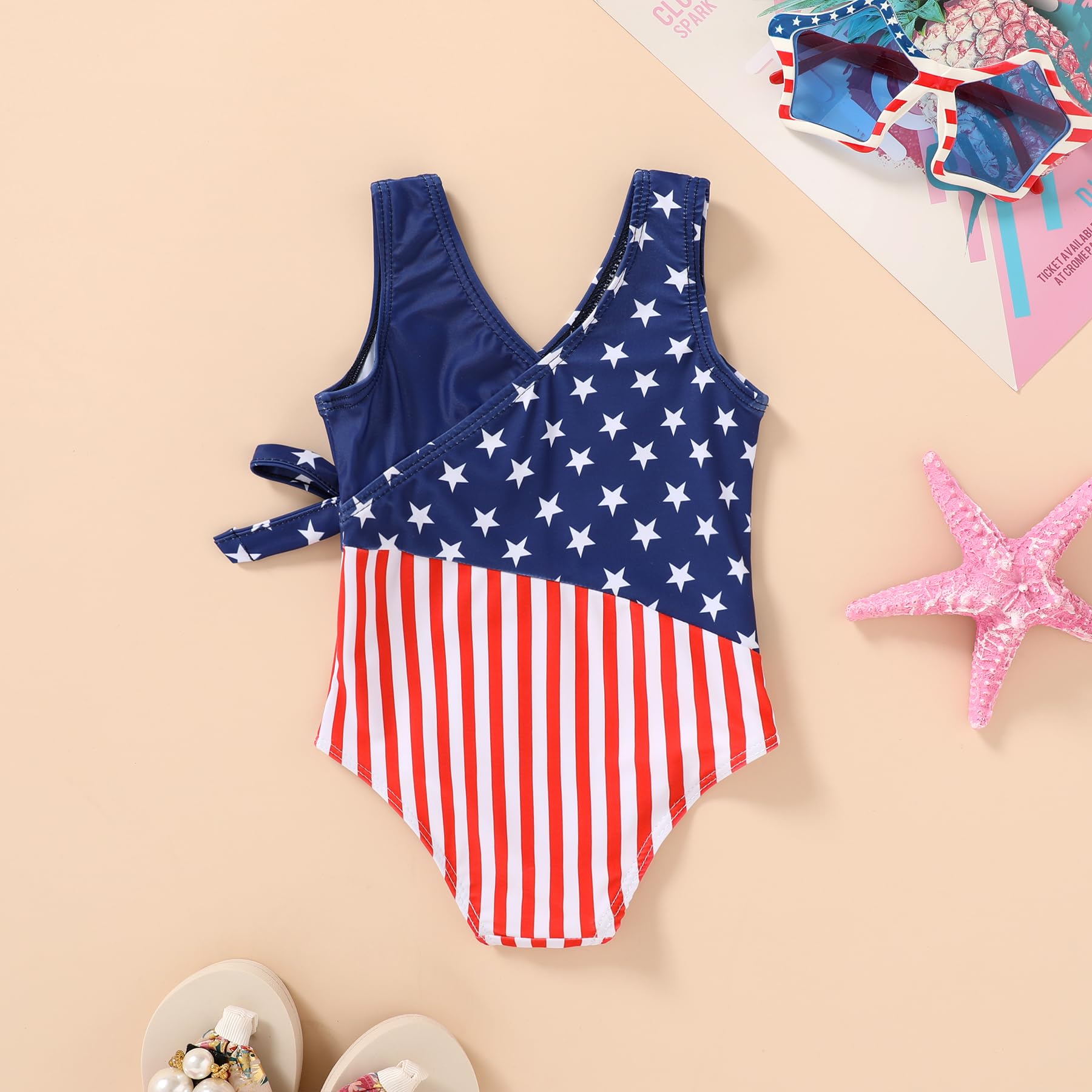 Happy Town Toddler Swimsuit Girl One Piece Bathing Suit Color Block Swimwear Baby Summer Beach Wear(12-18 Months,4th of July)