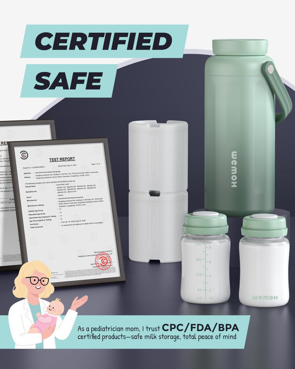 WEMOH 18oz Breast Milk Cooler Bottle Leakproof Travel Chiller Green