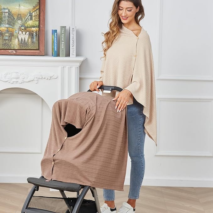 Nursing Cover for Baby Breastfeeding, Organic Cotton Knit Breastfeeding Cover, Warm Cozy Swaddle, Breathable and Soft, Wide Neck with Stretch for Easy View (Chestnut)