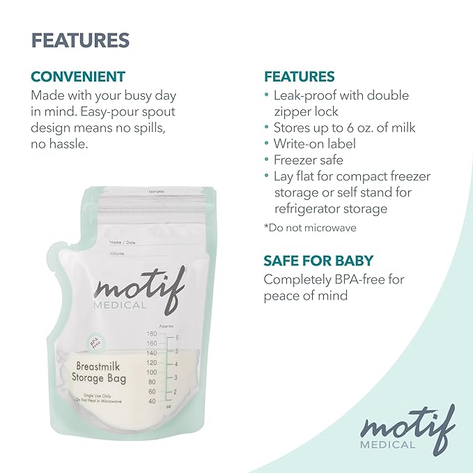 Motif Medical Breastmilk Storage Bags - Freezer Bag w/Easy Pour Spout, Write-On Label - Leak-Proof Double Zipper Milk Bags for Breastmilk - Ideal Breastfeeding Mom Gifts (6 oz, 90 Count)