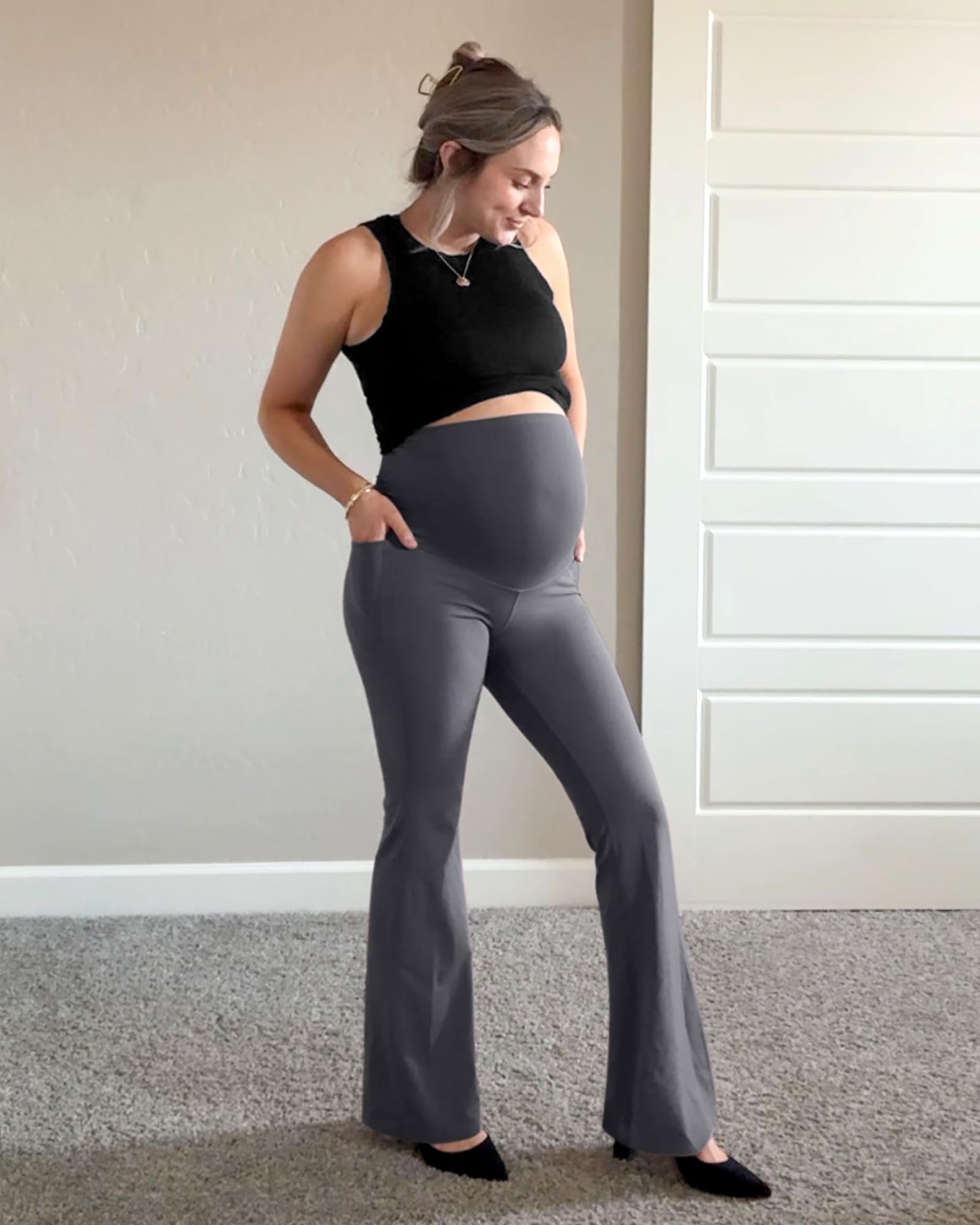 G4Free Maternity Leggings Yoga Pregnancy Flare Pants,Dark Gray,XXL,Regular