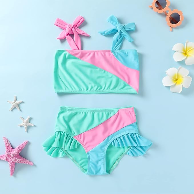 YOUNGER TREE Toddler Girls Two Pieces Swimsuit Color Block Stripe Swimwear Summer Beach Bathing Suit 18M-5T