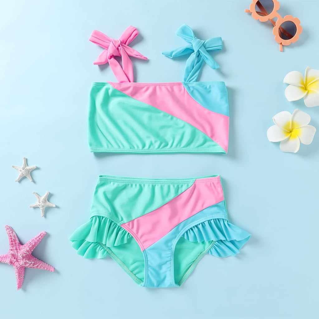 YOUNGER TREE Toddler Girls Two Pieces Swimsuit Color Block Stripe Swimwear Summer Beach Bathing Suit (Green 18-24 Months)