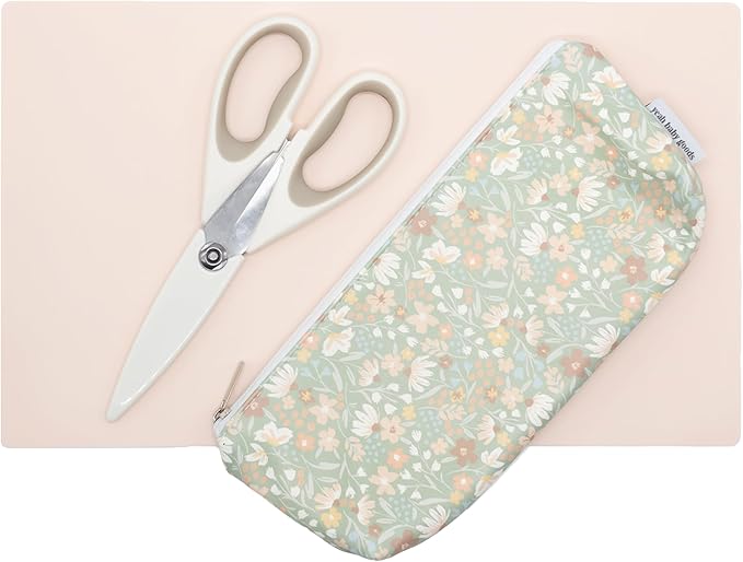 Yeah Baby Goods Toddler Restaurant Essentials Kit – Floral Baby Feeding Set w/Food Scissors, Silicone Placemat & Wipeable Zipper Tote