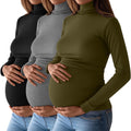 Ficerd 3 Pack Women's Maternity Shirts, Turtleneck Long Sleeve Pregnancy Tops Casual Side Ruched Maternity Tees Mama Clothes(Black, Light Gray, Army Green,X-Large)