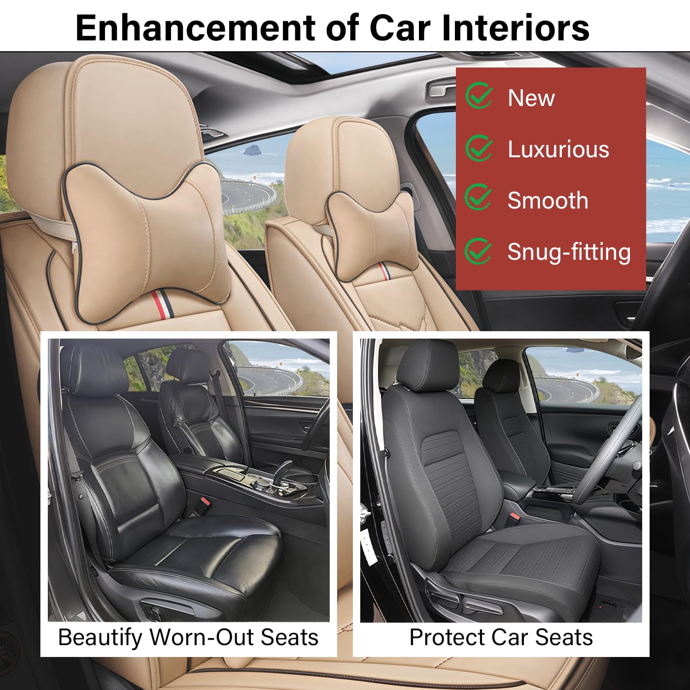 TENDER GLOW Leather Car Seat Covers Fit for LR LR4 2009-2016, 5 Seater Waterproof and Wear-Resistant Seat Cover Interior Accessories(Full Set with Pillow,Beige)