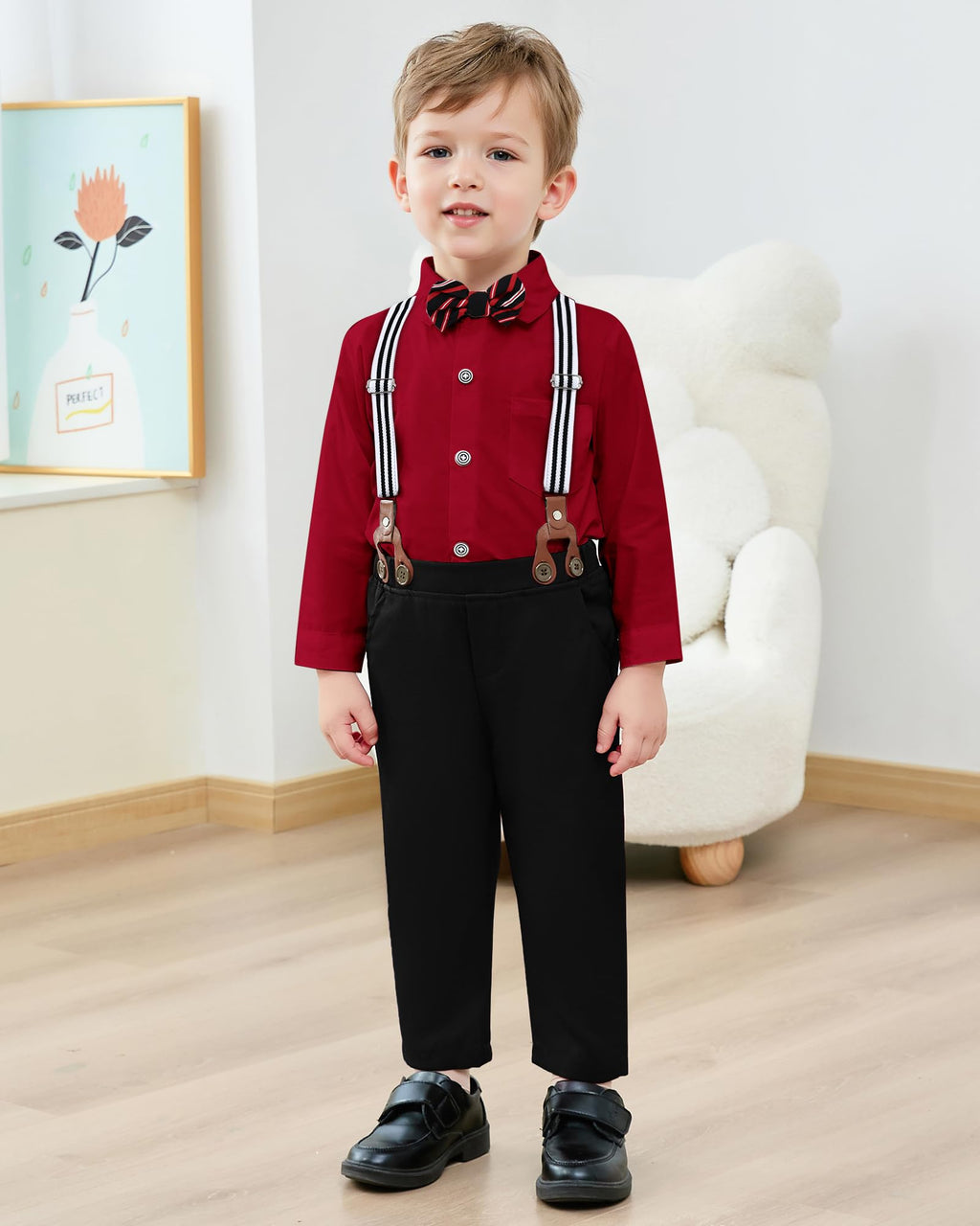 nilikastta Boys Outfits Gentleman Wedding Outfits Green Dress Shirt With Bowtie/Suspender Pants for School Play 18-24 Months