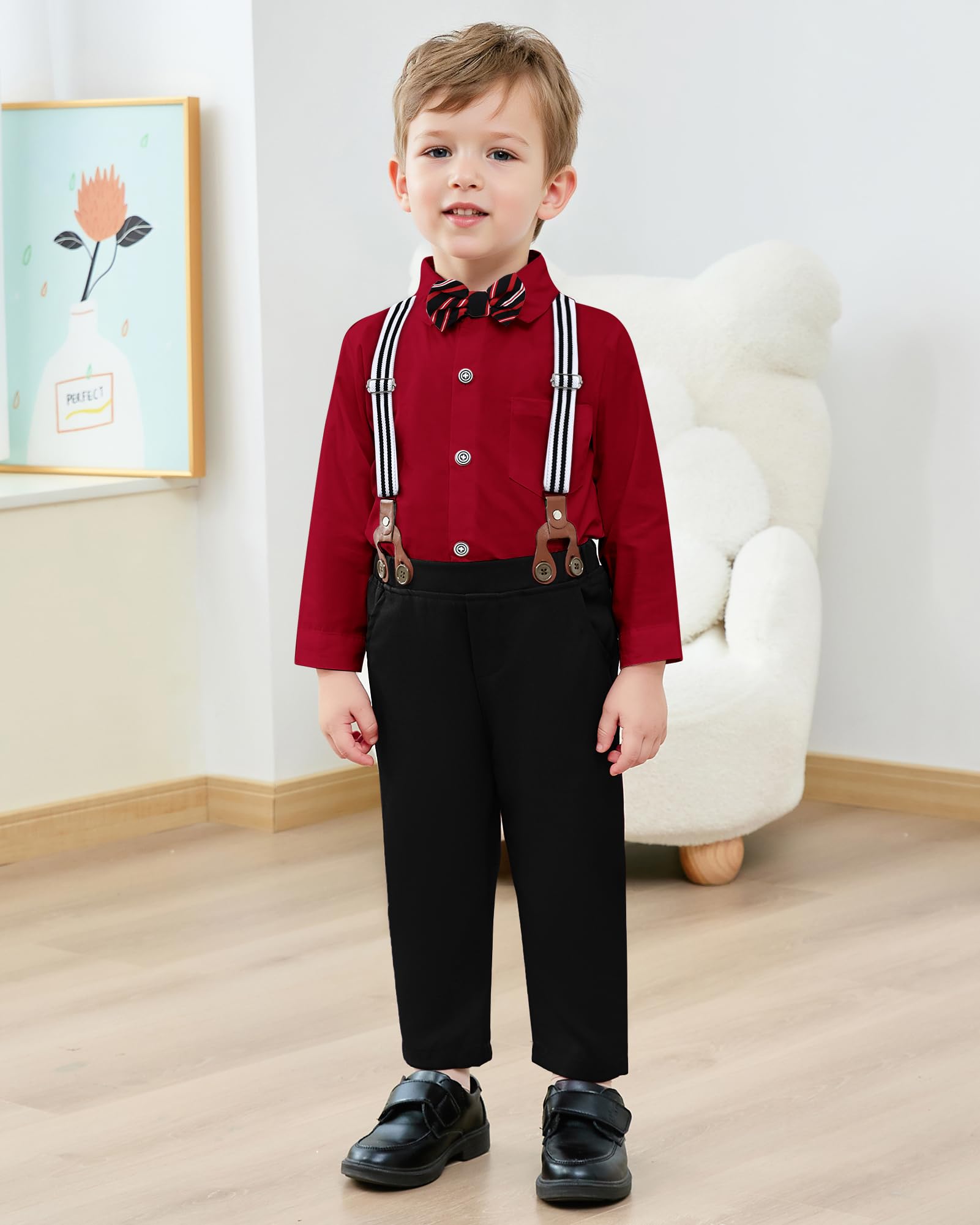 nilikastta Boys Outfits Gentleman Wedding Outfits Green Dress Shirt With Bowtie/Suspender Pants for School Play 6-7 Years