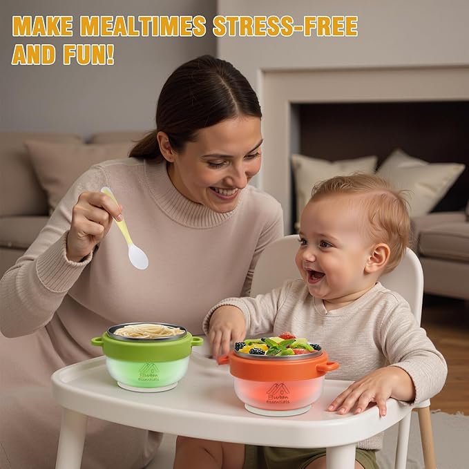 Baby Bowl with Suction, BPA-Free, Premium Food Grade 304 Stainless Steel, Thermo-Color Changing, Foldable Spoon & Fork, Non-Slip Handles for Babies, Toddlers, Kids (Green)