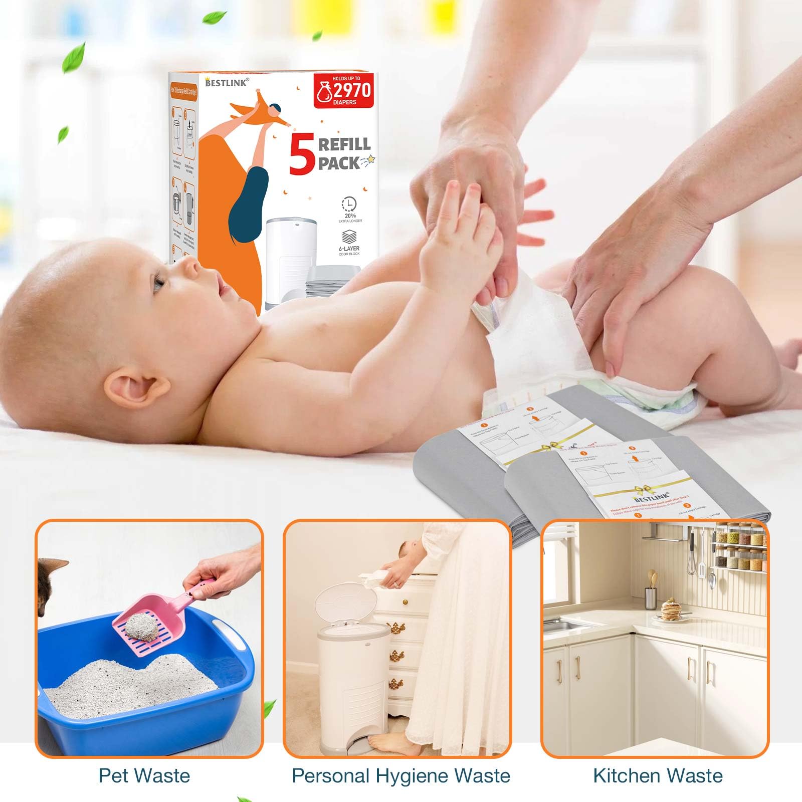 5 Pack Refills Compatible with DEKOR PLUS Diaper Pails | 20% Extra Length Diaper Pail Refill Bags Liners Holds 3480 Diapers | Ultimate Odor Control with Baby Scented