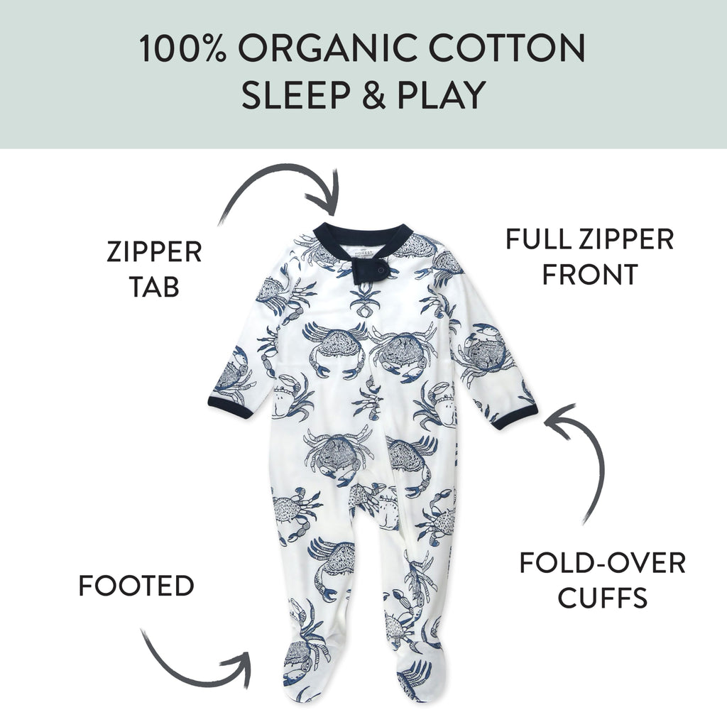 HonestBaby Sleep and Play Footed Pajamas One-Piece Sleeper Jumpsuit Zip-front PJs Organic Cotton for Baby Boys, Unisex, Crabs, 3-6 Months