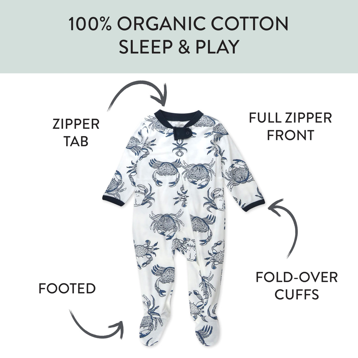 HonestBaby Sleep and Play Footed Pajamas One-Piece Sleeper Jumpsuit Zip-front PJs Organic Cotton for Baby Boys, Unisex, Crabs, 3-6 Months