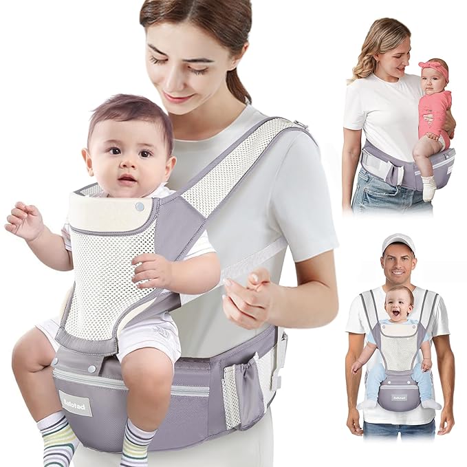Baby Carrier Newborn to Toddler, Lightweight Ergonomic Baby Hip Seat Carrier Up to 33lbs, Adjustable Extended Waistband Infant Carrier with Breathable Sunshield, Light Grey