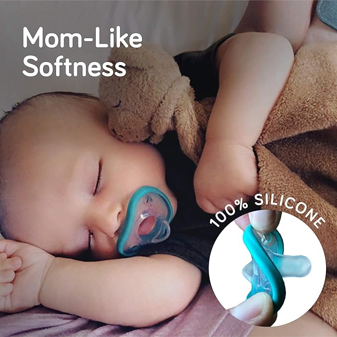 Nanobebe Baby Pacifiers 0-3 Month - Orthodontic, Curves Comfortably with Face Contour, Award Winning for Breastfeeding Babies, 100% Silicone, Baby Registry Gift 4pk, Sage/White