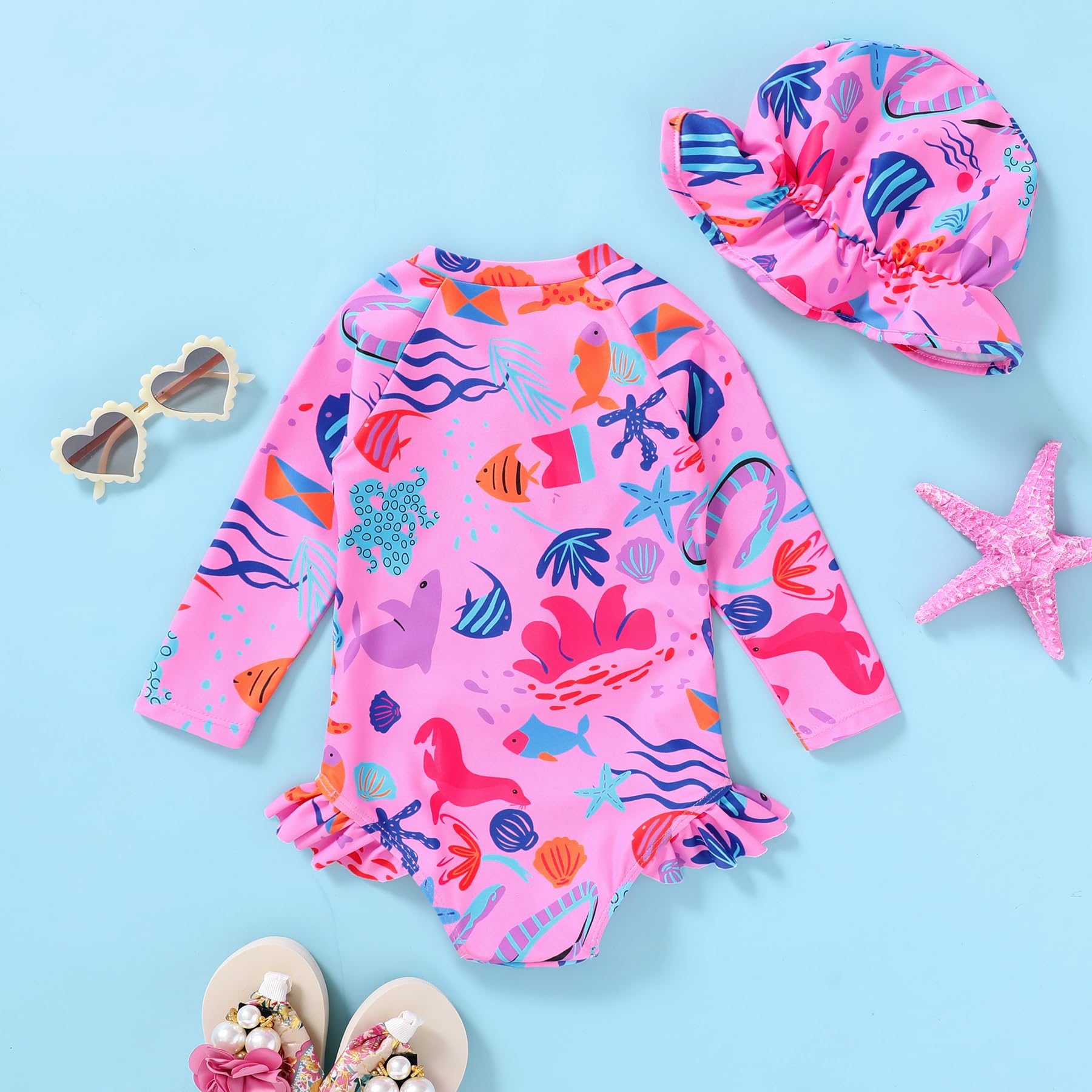 Infant Baby Girl Swimsuit One-Piece Long Sleeve Rash Guard with Hat Set Floral Zipper Bathing Suit Leopard Beach Wear(ROSEO, 0-3 Months)