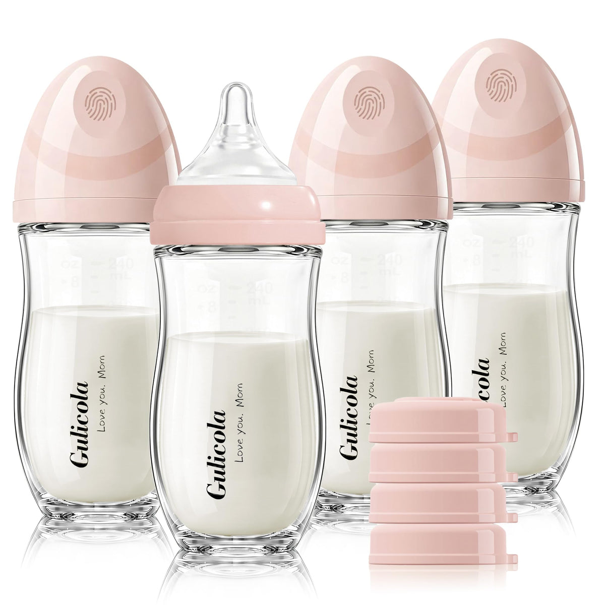 Gulicola Natural Glass Baby Bottle 4 Pack, Newborn Breastfeeding Bottles Set, Extra Slow Flow Nipples (SS), Anti Colic, 0 Months+, 5 oz - Pink