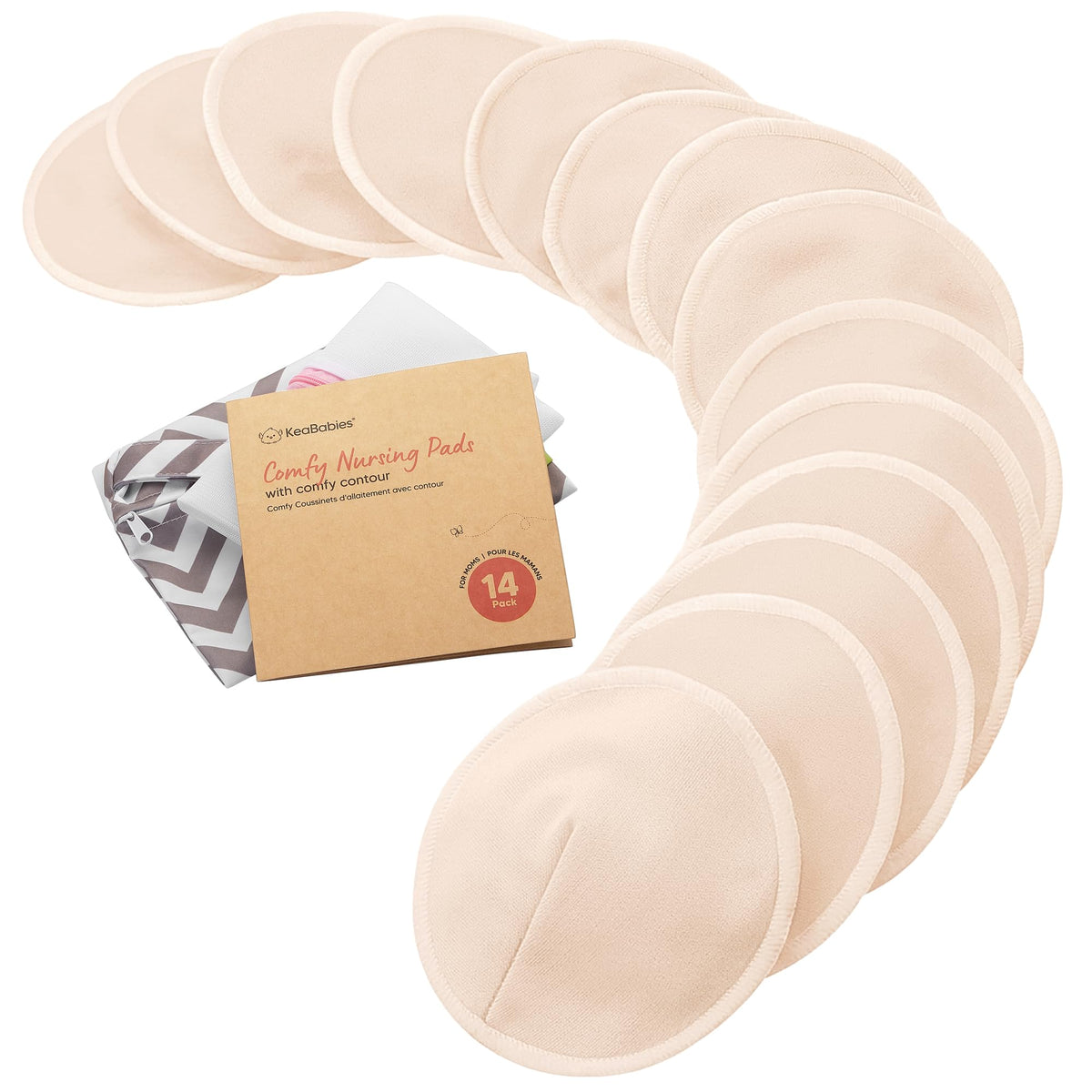 Organic Nursing Pads, 14 Washable Breast Pads,Wash Bag (Bare Beige, L 5")