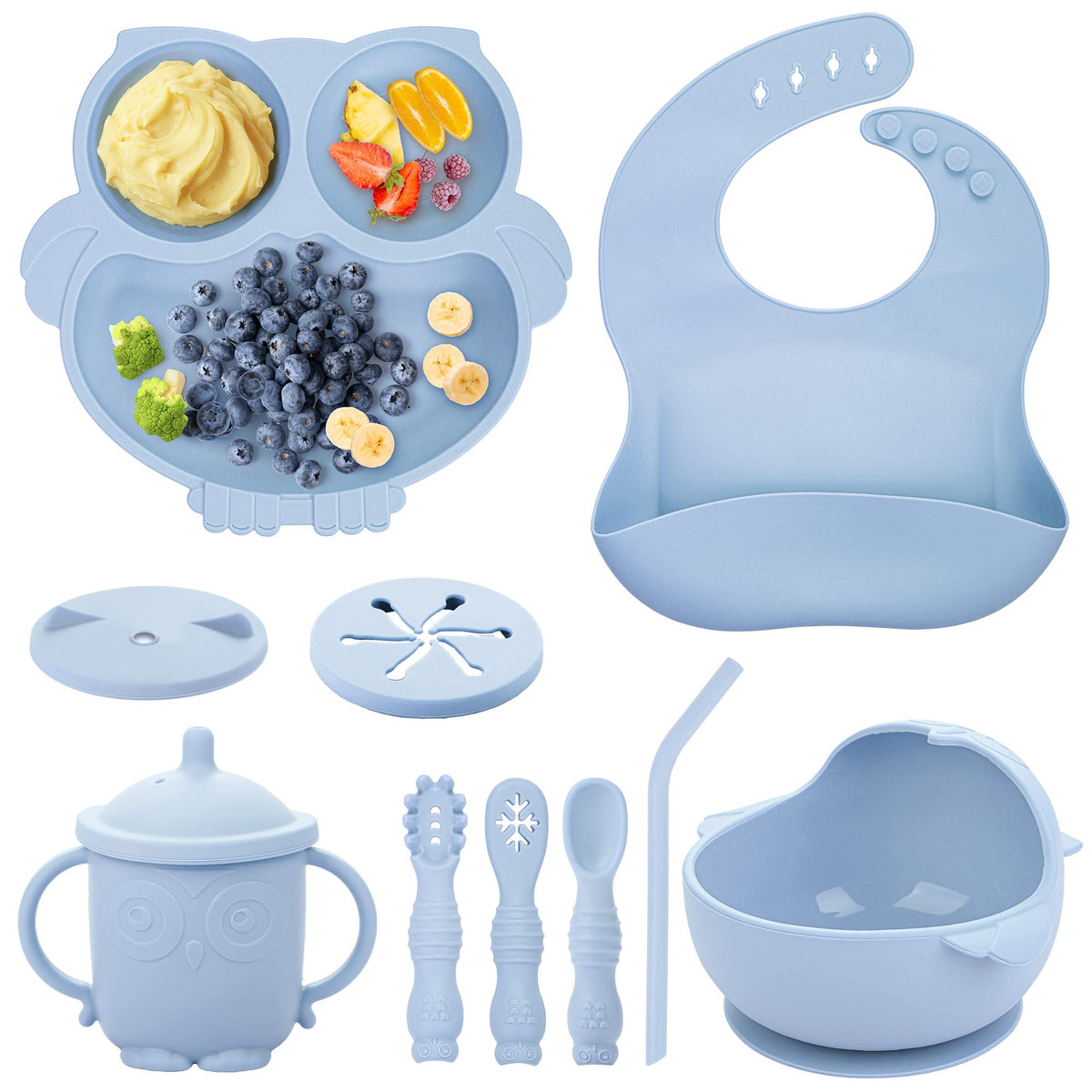Bnditeu Baby Weaning Set - Silicone Toddler Feeding Set (10 Pcs) with Adjustable Bib, Suction Bowl, Plate, Fork, Spoon, Water & Snack Cup Kit - Baby Led Weaning Kit