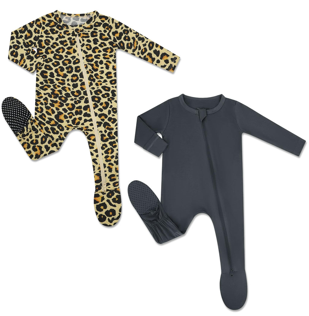 HAPIU Rayon from Bamboo Baby Footed Pajamas, 2 Way Premium Zipper, Footie for Baby Boy Girls, Newborn-24 Months, 2-Pack, Leopard&Dark Grey, 6-12M