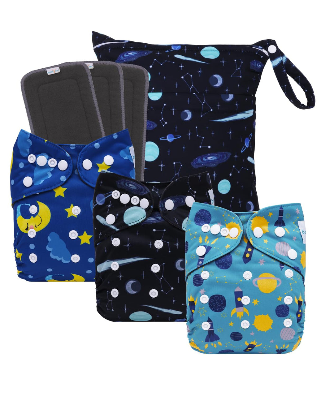 babygoal Reusable Charcoal Cloth Diapers with Double Gussets, 3 Pack Washable Baby Pocket Diapers with 3pcs Charcoal Inserts and Wet Dry Bag(Space,Moon,Star,Rocket)