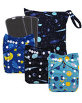 babygoal Reusable Charcoal Cloth Diapers with Double Gussets, 3 Pack Washable Baby Pocket Diapers with 3pcs Charcoal Inserts and Wet Dry Bag(Space,Moon,Star,Rocket)