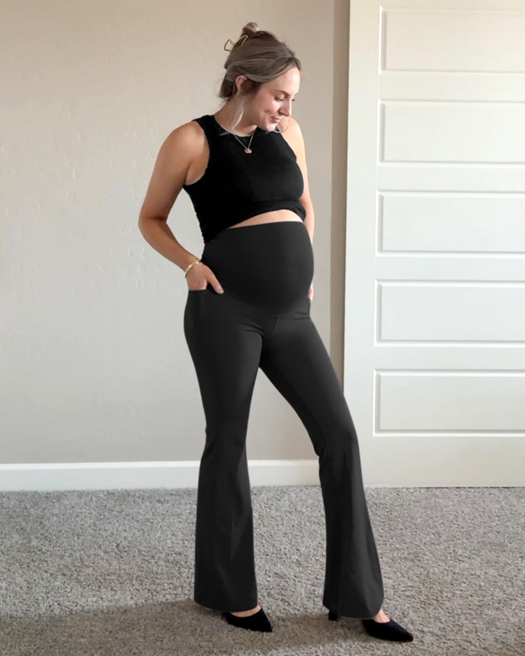 G4Free Maternity Leggings Pregnancy Clothes Flare Leg,Black,L,Extra Tall
