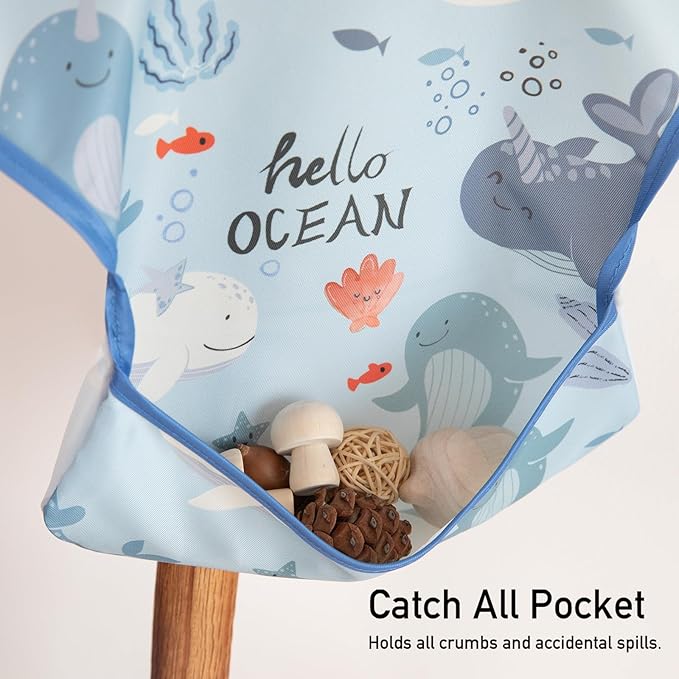 Mess Proof Baby Bib 3 Pack, Waterproof Led Weaning Baby Feeding Bibs with Food Catcher, Travel Feeding Bibs