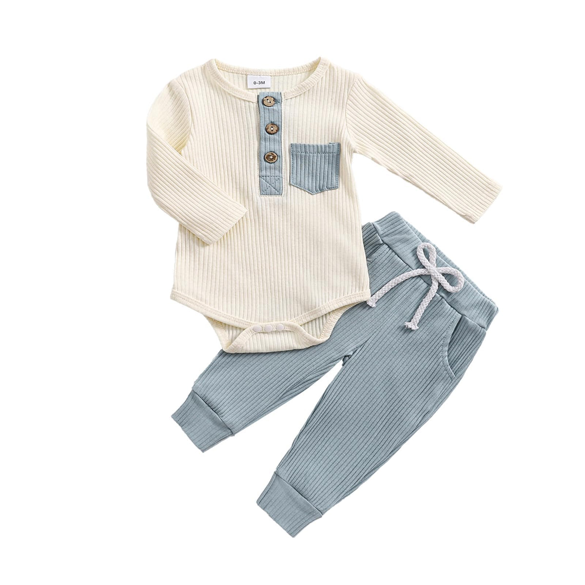 fhutpw Baby Boy Clothes 3 6 12 18 Months Ribbed Knitted Long Sleeve Romper and Pants Sets Newborn Fall Splicing Color Outfits (White&Brown, 3-6 Months)