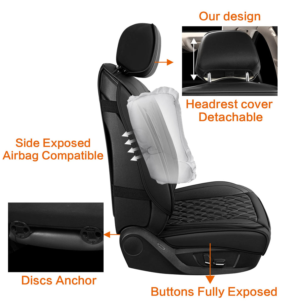 Pariitadin Leather Car Seat Covers Front Pair, Waterproof Breathable Faux Leather Automotive Seat Covers for Cars, Non-Slip Car Interior Covers Universal Fit Most Cars Sedans Trucks SUVs, Black