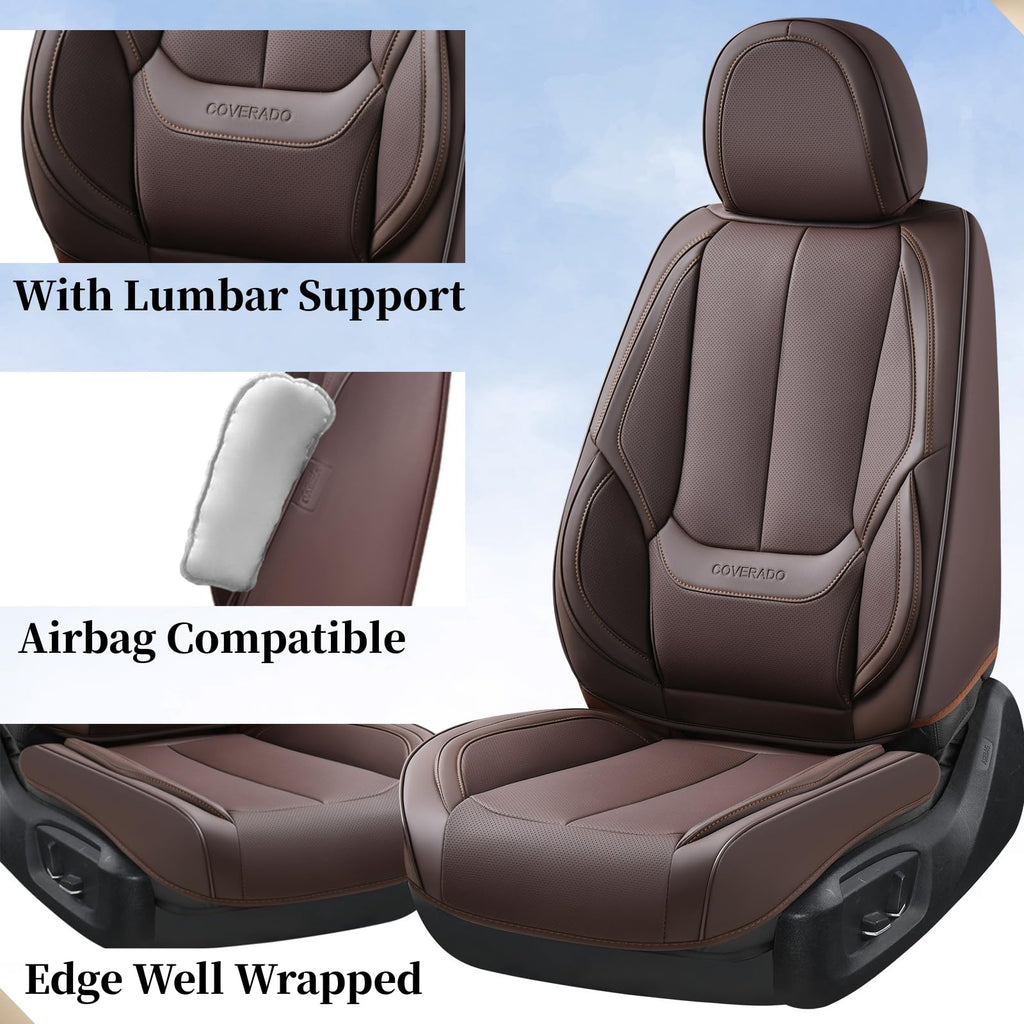 Coverado Car Seat Covers Full Set, Seat Covers for Cars, Car Seat Covers Front Seats and Back, Brown Car Seat Protector Waterproof, Nappa Leather Car Seat Cushion Fit for Most Cars