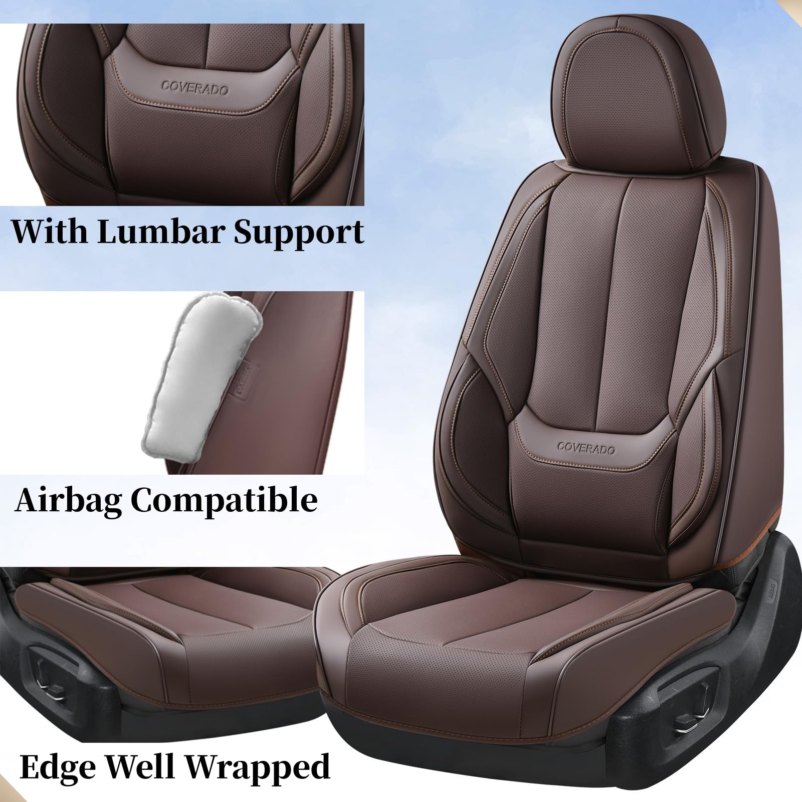 Coverado Car Seat Covers Full Set, Seat Covers for Cars, Car Seat Covers Front Seats and Back, Brown Car Seat Protector Waterproof, Nappa Leather Car Seat Cushion Fit for Most Cars
