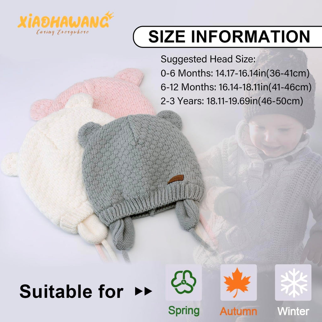 XIAOHAWANG Warm Baby Hat Cute Bear Toddler Earflap Beanie for Fall Winter (6-12 Months, A-White)