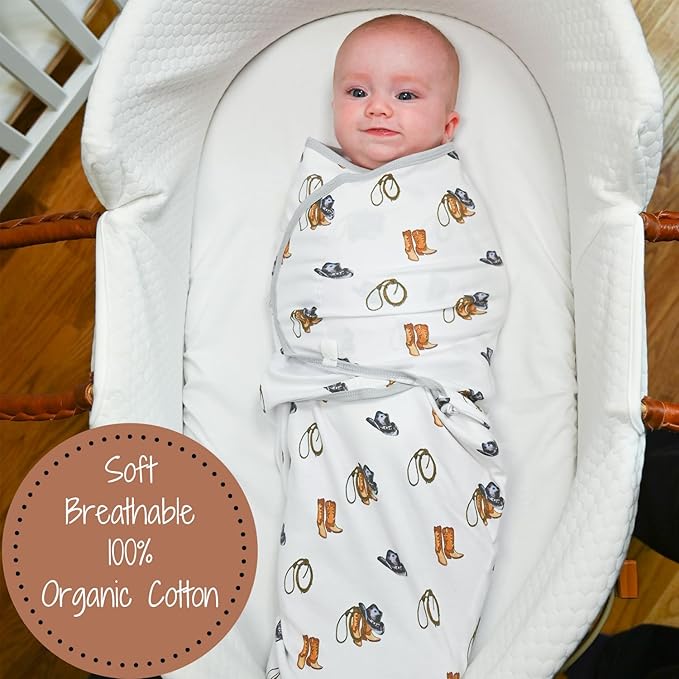 LollyBanks 100% Organic Cotton Baby Boy Essentials Swaddles 0-3 Months, Newborn Swaddle with Easy Change Zipper, Western Baby Swaddle Blanket Wrap (Cowboy Print)