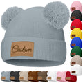 Custom Baby Beanies Personalized Toddler Winter Hats Name Leather Patch Kids Knit Warm Hat for Infant Boys Girls Adult Grey