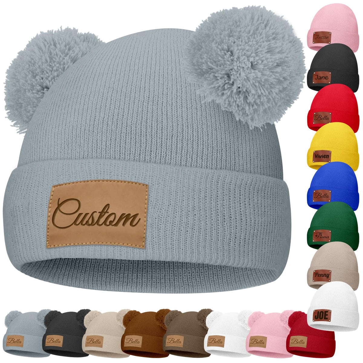 Custom Baby Beanies Personalized Toddler Winter Hats Name Leather Patch Kids Knit Warm Hat for Infant Boys Girls Adult Grey