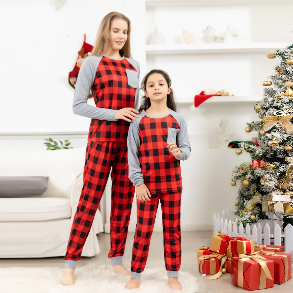 Schbbbta Kids Christmas Plaid Pajamas Set 2-Piece Family Sleepwear Pjs Set, Black Grey Plaid, 5-6 Years = Tag 130