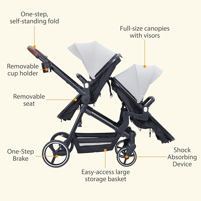 Tandem Double Stroller Newborn and Toddler, Foldable Twin Stroller with Reversible Seat, 5-Point Safety Harness, Adjustable Backrest & Canopy, Storage Basket, Light Grey