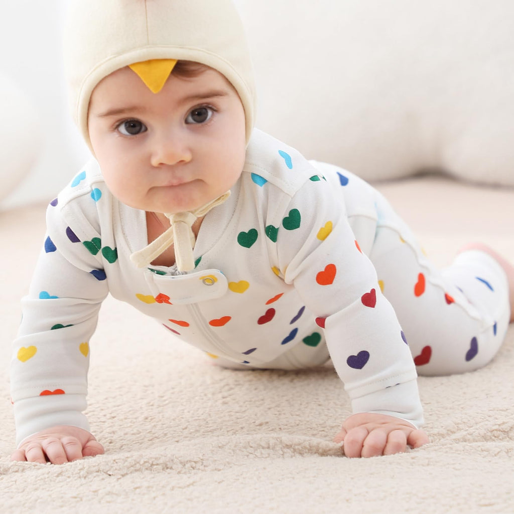 Owlivia Organic Cotton Baby Boy Girl Zip up Sleep N Play, Footless, Long Sleeve(0-3 Months, Rainbow Hearts)