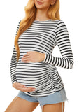Maternity Shirts Long Sleeve Crew Neck Pregnancy Top, White Stripe, 2XL