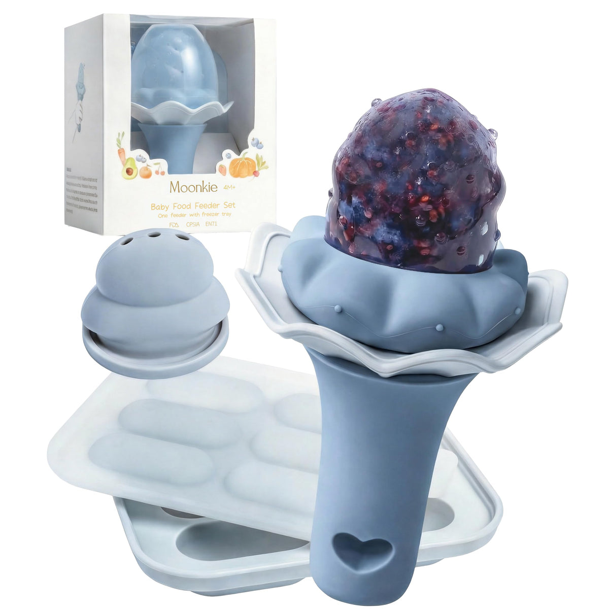 Moonkie Baby Fruit Feeder for Self-Feeding: Controlled Flow Design with 2 Pouches for Safe First Foods - BPA Free Silicone Food Feeder with Freezer Tray for Cooling Comfort - 4 Months+ - 1 Pack