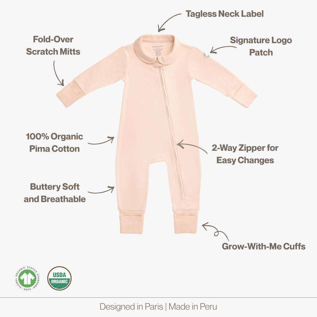 MON CHOU 100% Organic Pima Cotton Baby Pajamas – Snug Fit Long Sleeve Fold-Over Mittens & Convertible Footie with 2-Way Zipper for Boys & Girls, Sizes 0–18M (Bloom, 3-6 Months)