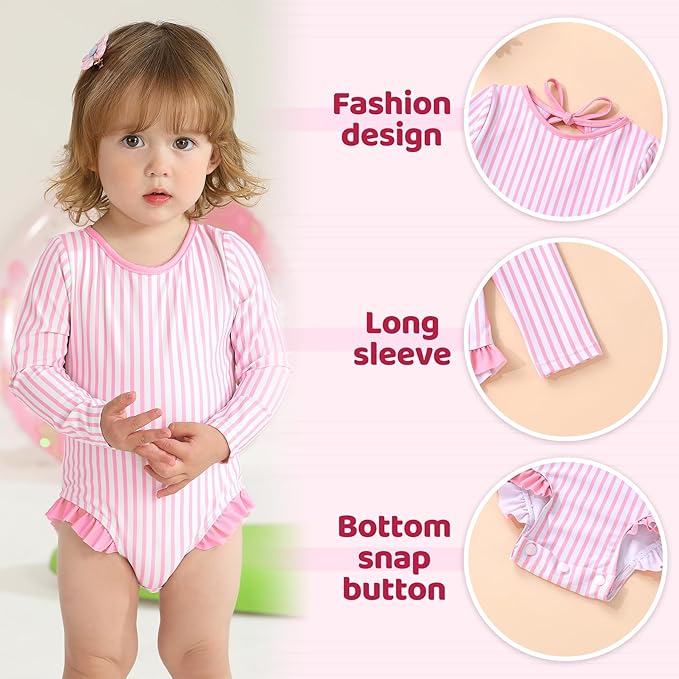 YOUNGER TREE Infant Baby Girls Swimsuit Long Sleeve Swimsuits One Piece Swimsuit Solid Color Bathing Suit with Hat, UPF 50+