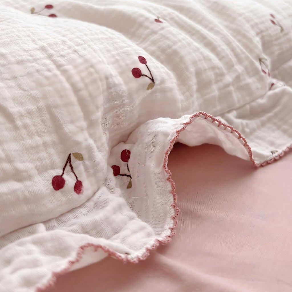 BuLuTu Cotton Muslin Kids Toddler Pillowcase Cherry Pattern, Soft Travel Pillow Ruffle Edge Nursery Pillow Case for Boys Girls, Bedding Decor, Durable Pillowcases 14"x20", 1 Piece