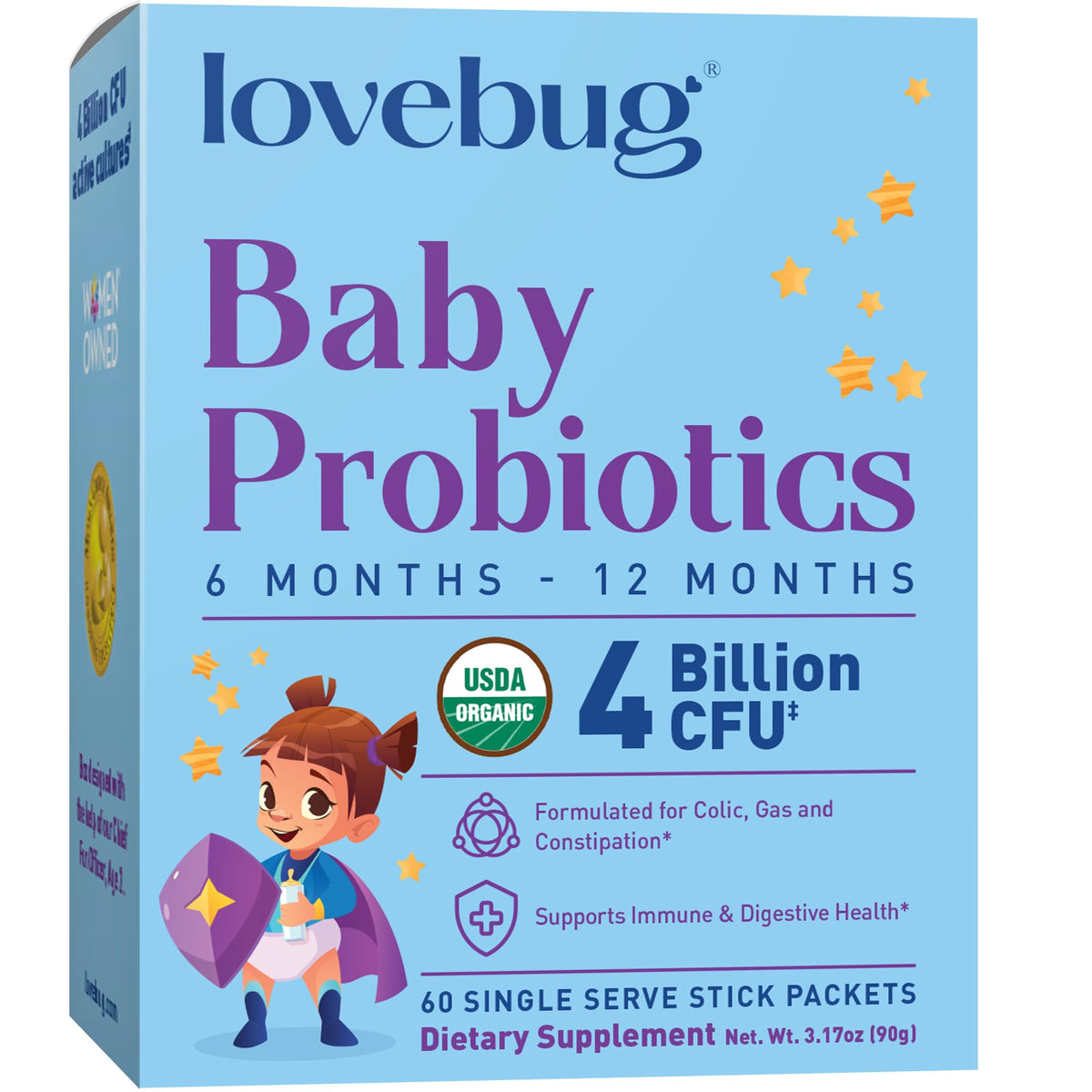 LOVEBUG Award Winning USDA Organic Probiotic for Babies | Multi-Strain 4 Billion CFU | Easy-to-Take Powder | Sugar Free | Ages 6-12 Months | 60 Packets