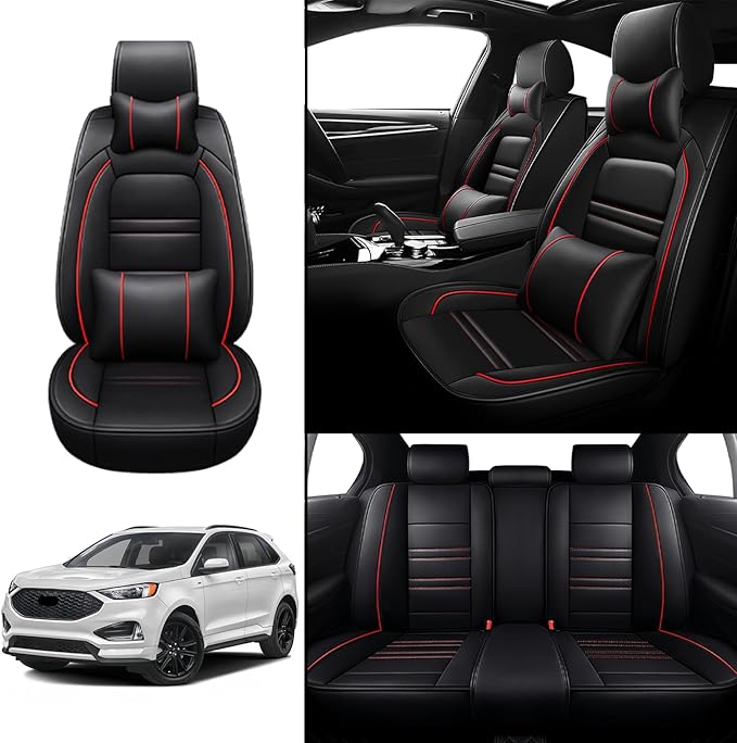 Car Seat Covers for Ford Edge 2007-2024 | 5-Seats Seat Covers, Waterproof Seat Protectors, Automotive Seat Covers (Full Set with Pillow,Black&Red Line)