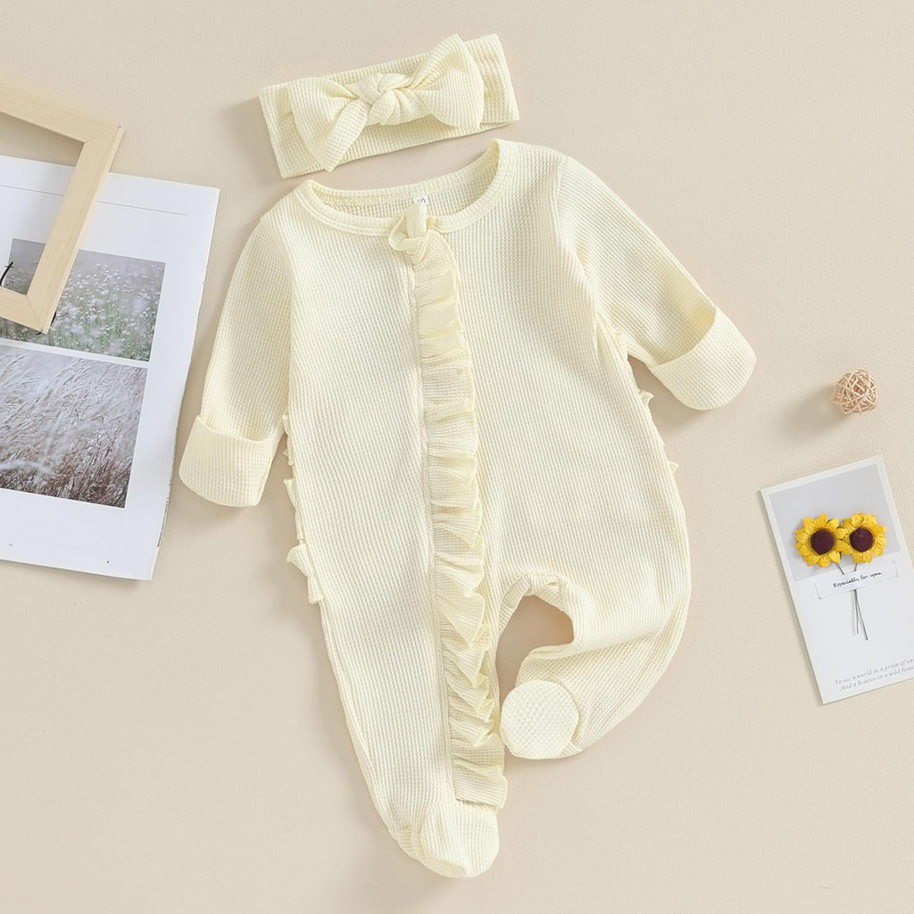 CIYCUIT Baby Girls Clothes Newborn Long Sleeve Zip Up Onesie Romper with Headband Fall Winter Outfits Beige 0-3 Months