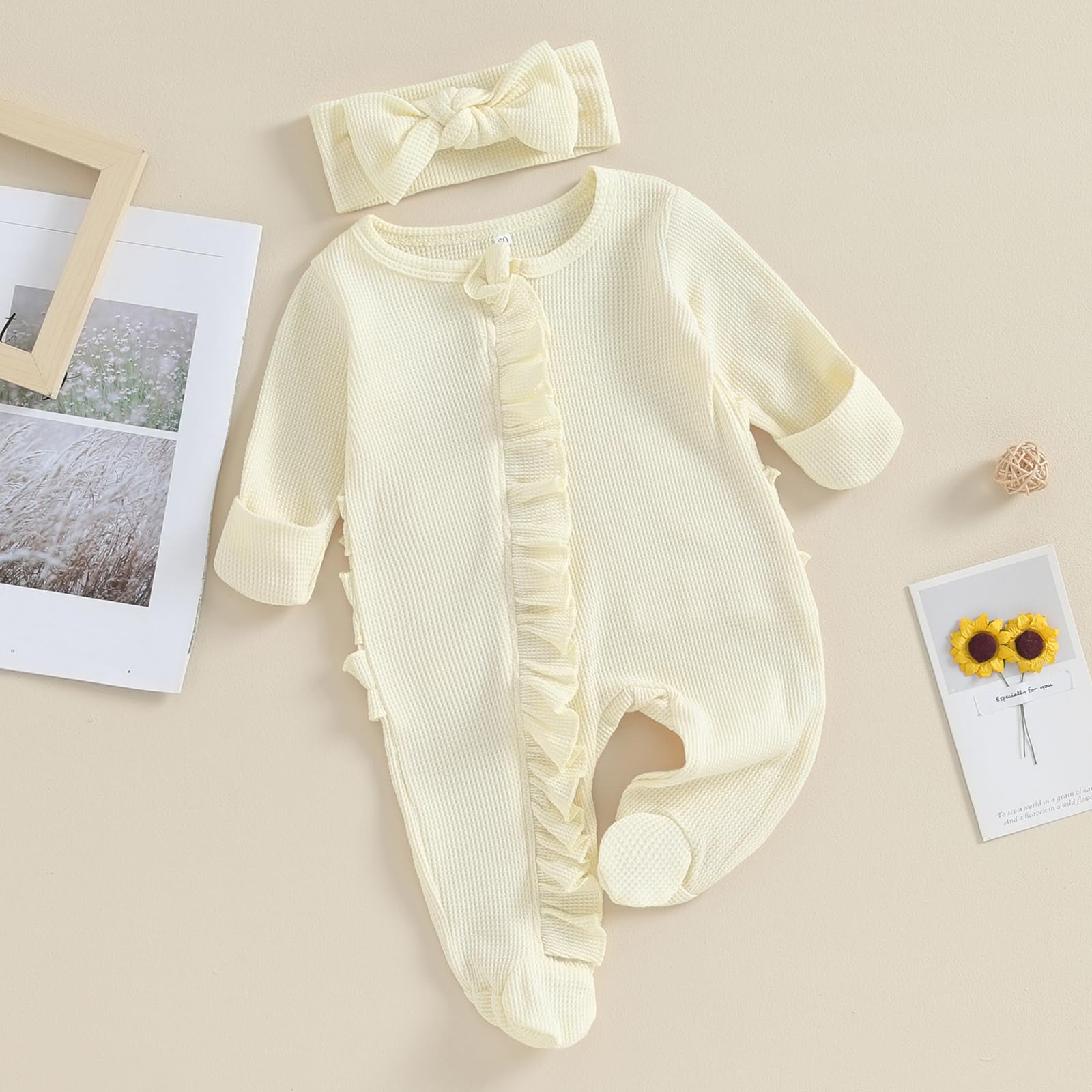 CIYCUIT Baby Girls Clothes Newborn Long Sleeve Zip Up Onesie Romper with Headband Fall Winter Outfits Beige 0-3 Months